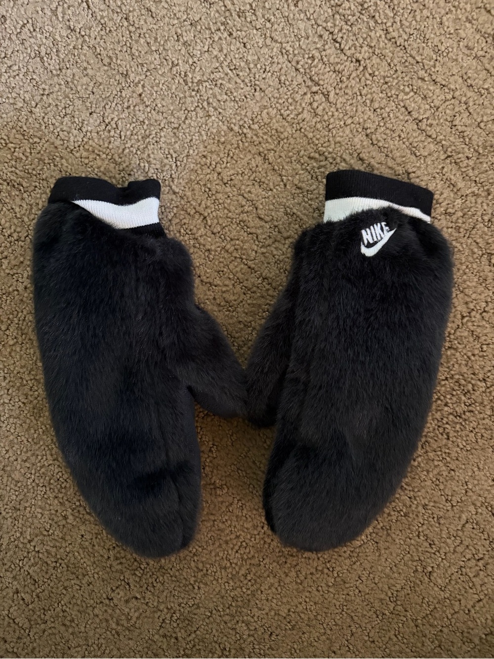 Nike women’s Black Faux Fur Mittens with White Logo Trim